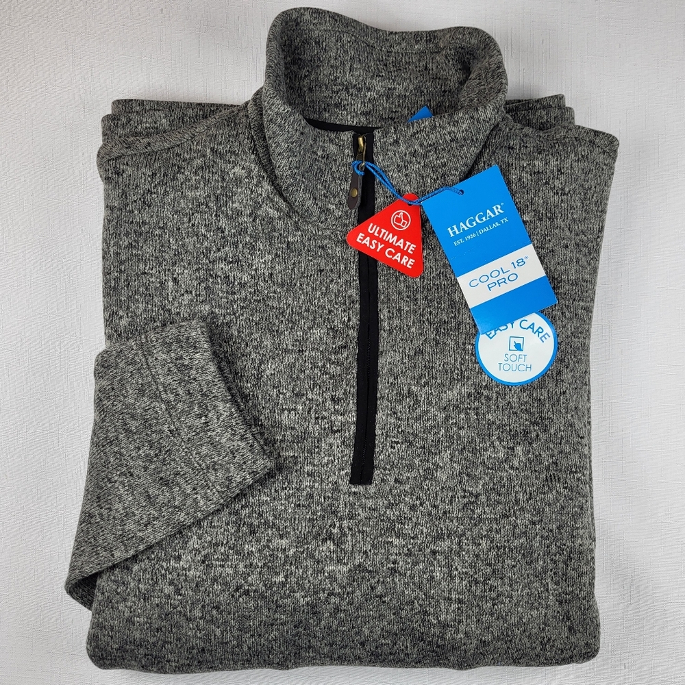 Haggar Cool 18 Pro SWEATER Mens Size L Pullover 1/4 Zip Grey Heather Fleece NWT
